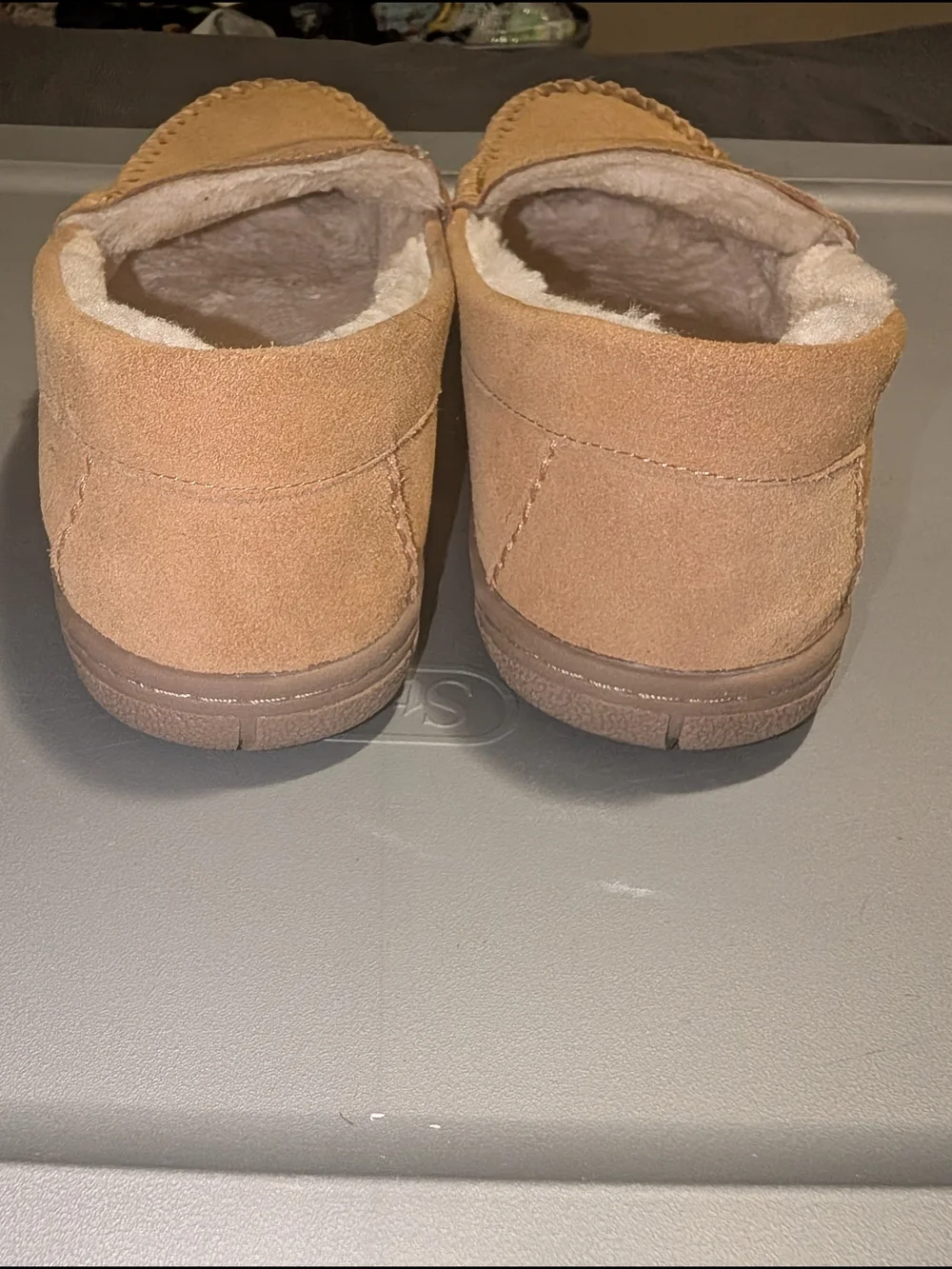 Lands' End Men's Tan Suede Faux Fur Moccasin Slippers Size US 13D UK 12 EU 47